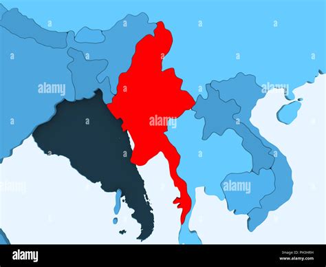 Myanmar In Red On Blue Political Map With Transparent Oceans D