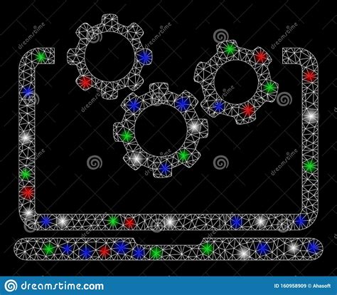 Bright Mesh D Laptop And Gears With Flare Spots Stock Vector