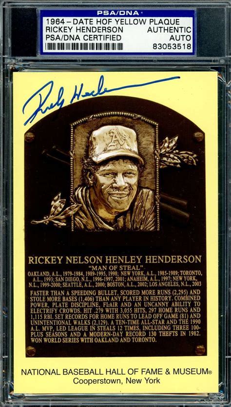 Rickey Henderson Psa Dna Coa Signed Gold Hall Of Fame Plaque Postcard