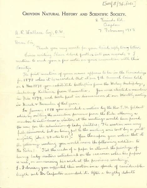 Letter From Frank Roberts To Alfred Russel Wallace