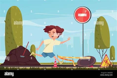 Kids Danger Cartoon Composition With Boy Running Towards Open Manhole