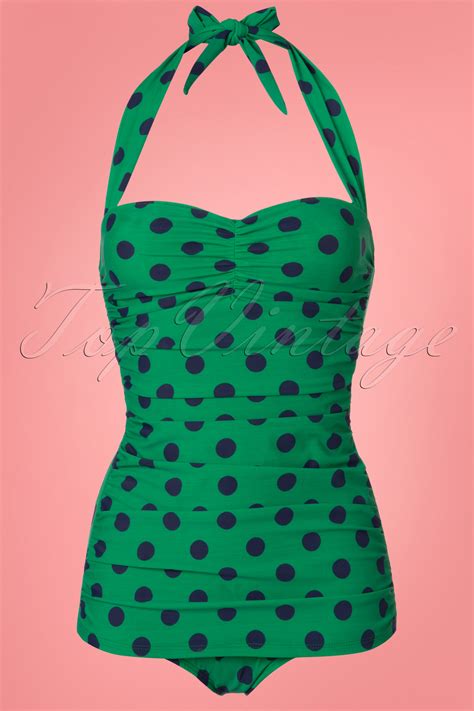 Esther Williams 50s Classic Polkadot One Piece Swimsuit In Green And