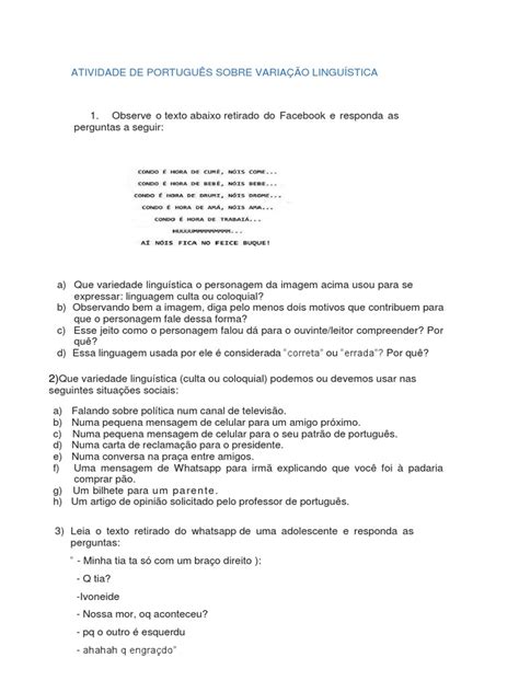Variação Linguística Exercícios 9 Ano Acessaber - Atividade de Variação Linguística 9º Ano | PDF | Linguística ...