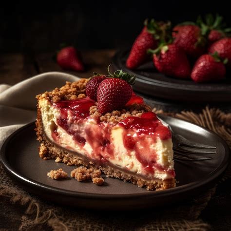 Uma fatia de cheesecake cobertura de morango está em um prato