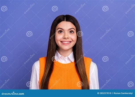 Portrait Of Optimistic Adorable Girl With Long Hairstyle Wear Stylish