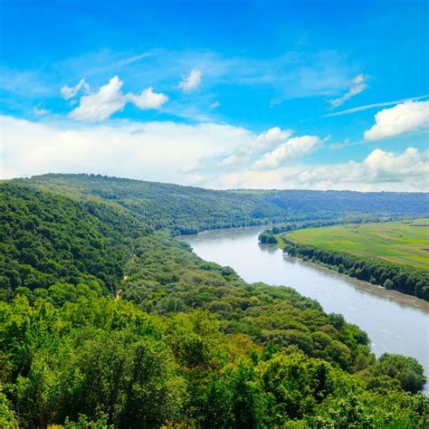 beautiful natural landscape   river  forest stock photo image