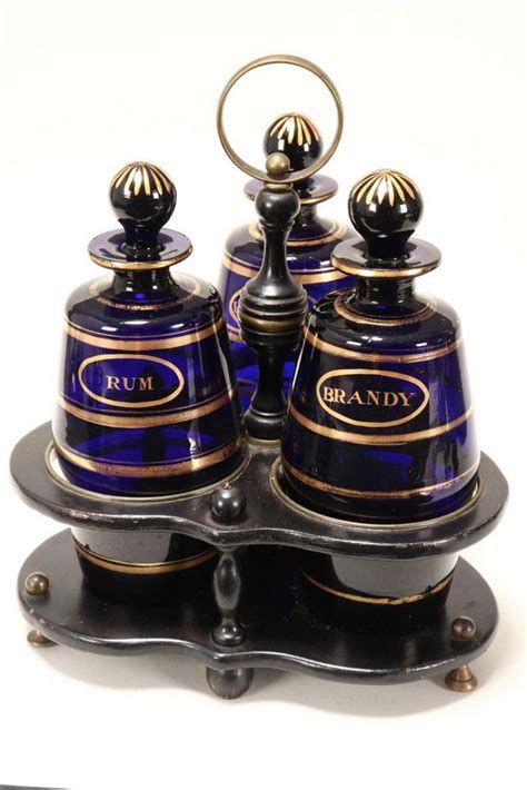 Antique Bristol Blue Glass Decanter Set On Stand Alcohol Tantalus And Liqueur Sets