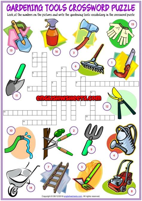 Gardening Tools Esl Printable Crossword Puzzle Worksheet