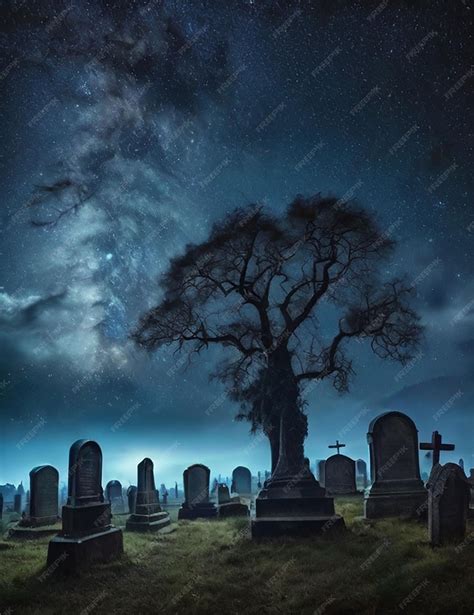 Premium Photo | Photo of a Spooky graveyard under starry night sky in the background