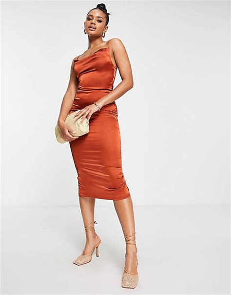 Parisian Satin Cami Strap Midi Dress With Cowl Neck In Rust Asos