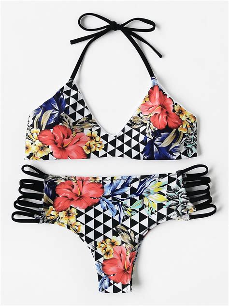 Shop Flower Triangle Print Ladder Cutout Bikini Set Online SheIn