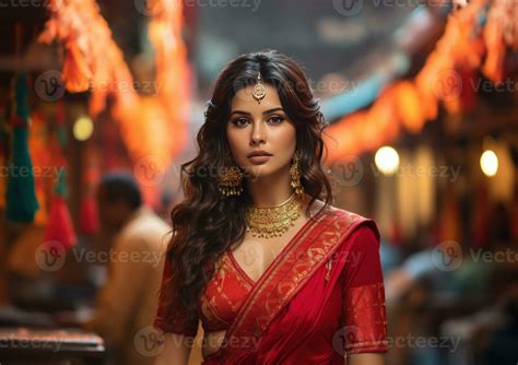 Girl Wearing Red Kerala Silk Saree With Unfocused Background Generative