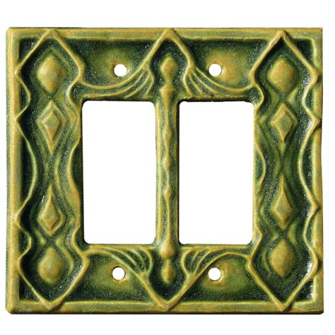 Moroccan Double Rocker Gfi Ceramic Light Switch Cover In Green Ocher Glaze