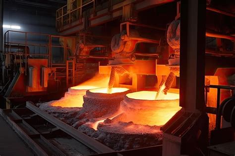 Aluminium smelting process with molten metal flowing from furnace ...