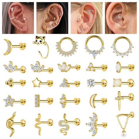 1 PC 925 Prata Daith Piercing Ouro Orelha De Opala Hoop Brinco 16G