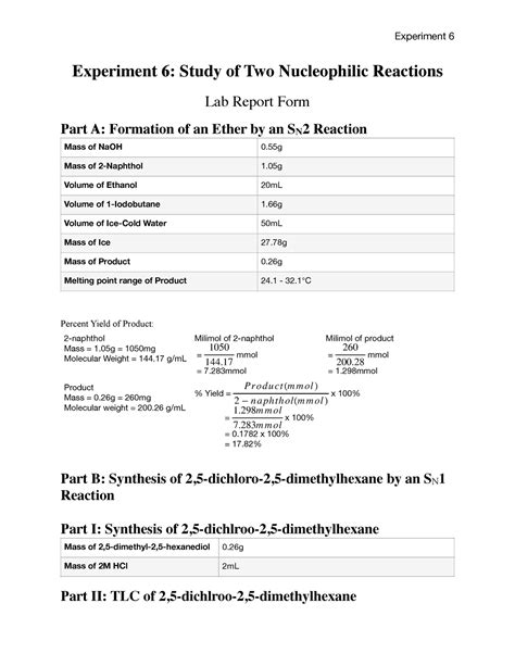 Organic Chemistry Lab 6 Experiment 6 Study Of Two Nucleophilic