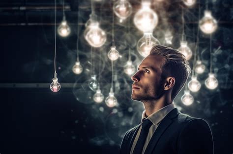 A Man In A Suit Stands In Front Of A Light Bulb That Is Lit Up