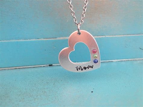 Personalized Birthstone Mom Heart Necklace Hand Stamped Mom Etsy