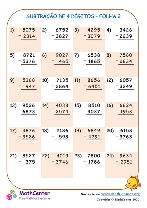 Quarto Ano Planilhas: Subtração de Vários Dígitos Com Reagrupamento ...