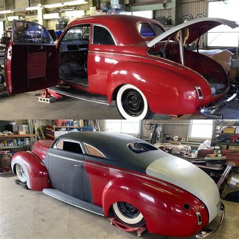 An Old Car Is Being Worked On In A Garage And Then Restored With New Paint