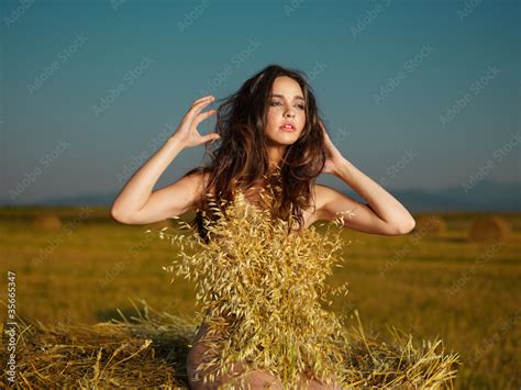 Beautiful Nude Woman Posing On Hay Stack Stock Photo Adobe Stock