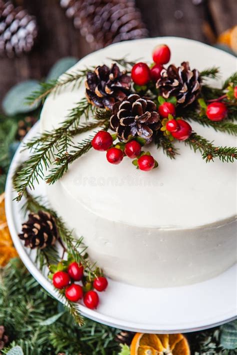 Homemade White Cream Naked Cake Decorated With White Cream Cones And Red Berries Stock Photo