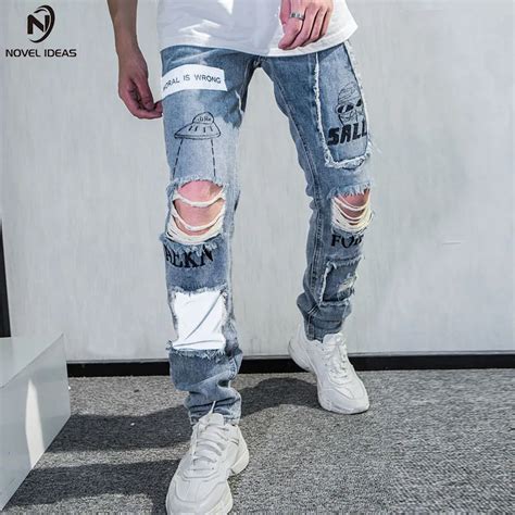 Pantalones Vaqueros Rasgados Reflectantes Para Hombre Jeans Rasgados