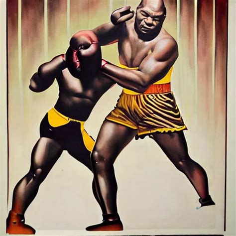 Art Deco Portrait Of Mike Tyson Fighting A Dinosaur Stable Diffusion