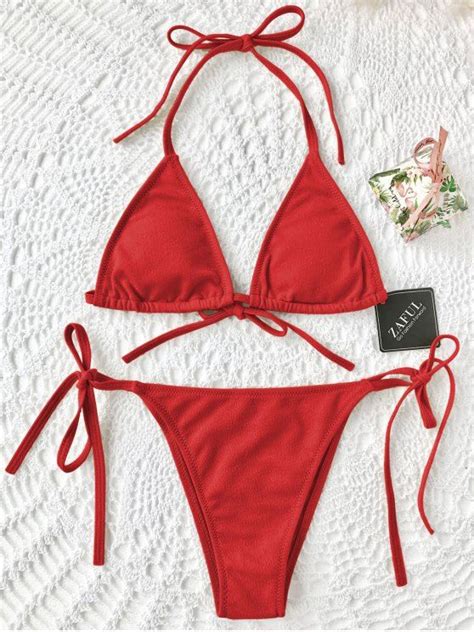 Off Textured String Bikini Set In Red Zaful