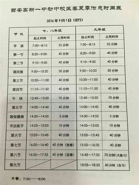 高新一中初中部2016 2017学年第一学期作息时间表 西安智康1对1