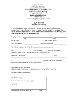 Fillable Online Claim Form Cancer Screening Tompkins County Human