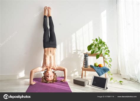 Kid Closed Eyes Naked Torso Performing Headstand Yoga Mat Wall Stock Photo Addictivestock