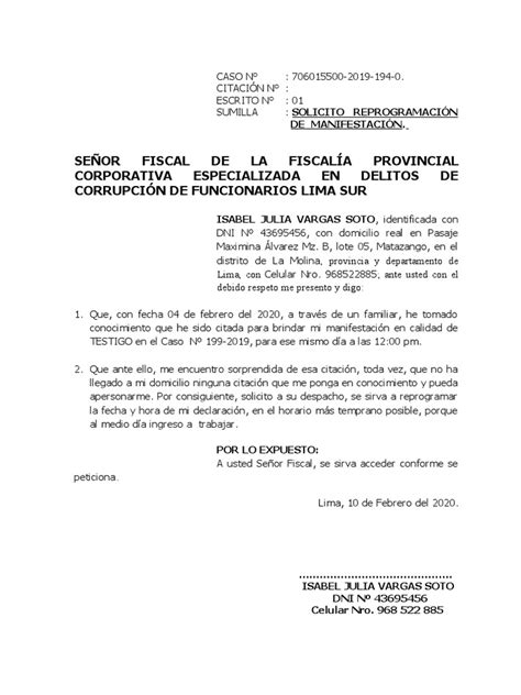 Escrito Reprogramación De Citación Fiscalia Pdf