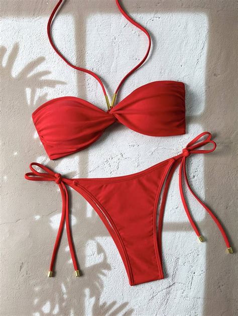 Swim Chiccia Women Summer Beach Solid Color Halter Tie Sexy Bikini Two