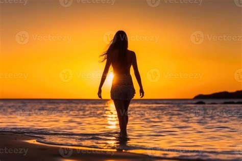 Attractive Woman Wearing A Bikini At The Beach During Sunset Created With Generative AI