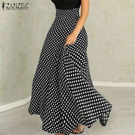 Cheap Zanzea Womens Casual Polka Dot Print Summer High Waist Long