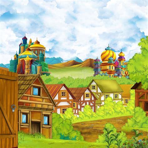 Cartoon Nature Scene Old House Forest Castle Background Stock