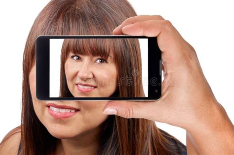 Beautiful Brunette Woman Taking Selfie Photo Smartphone Isolated Stock Image Image Of