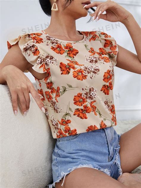 Shein Lune Floral Print Ruffle Trim Blouse Shein Usa