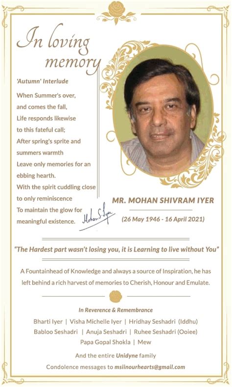 In Loving Memory Mr Mohan Shivram Iyer Ad Advert Gallery