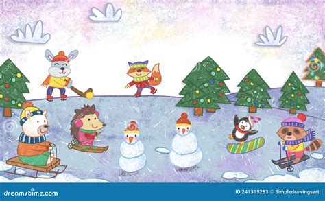 Animals Skating Winter Christmas Holiday Season Crayon Drawing And