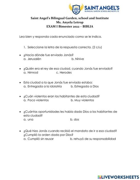 Examen De Biblia Colegio 1 Parcial Worksheet