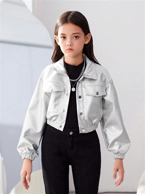 SHEIN Tween Girl Flap Pocket PU Leather Jacket SHEIN USA