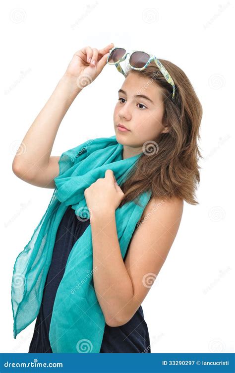 Beautiful Teen Girl With Sunglasses And Blue Scarf Around Her Neck