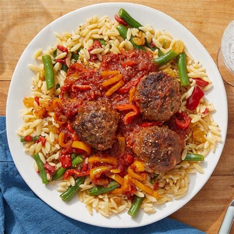 Meatballs And Harissa Tomato Sauce With Green Beans And Orzo Pasta Recipe Pasta With Green Beans