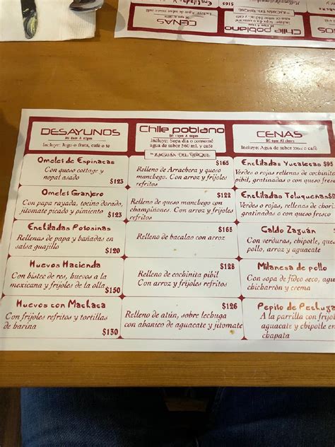 Carta del restaurante El zaguán del parque Ciudad del México