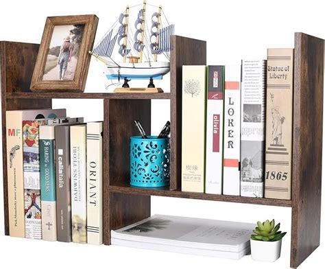 EasyPAG Wood Small Desk Shelves Adjustable Mini Desktop Bookshelf