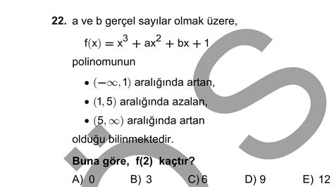 2021 AYT MATEMATİK 22 SORU ARTAN AZALAN TÜREV SORUSU MAXİMUM MİNİMUM