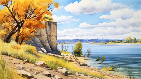 Watercolor Painting Of Cliff And Yellow Tree By The Water Stock