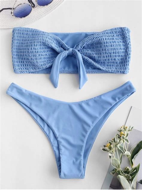 37 OFF 2020 ZAFUL Smocked Tied Bandeau Bikini Set In LIGHT SKY BLUE